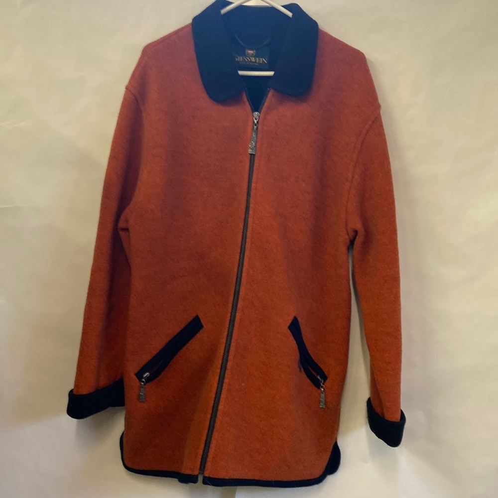 Geisswein wool zip up jacket size 10 burnt orange black trim
